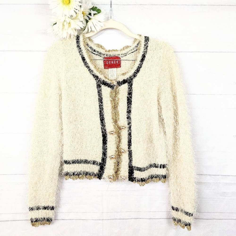 Anthropologie Ceres Cream Gold Eyelash Cardigan - Picture 1 of 7